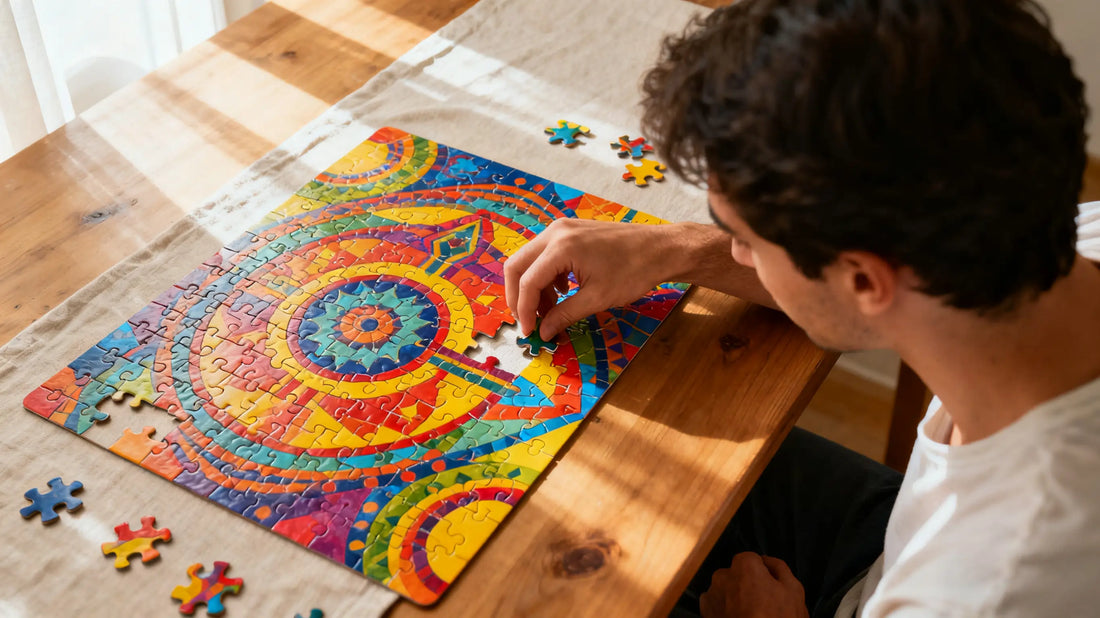 Man concentrating on a colorful jigsaw puzzle at a wooden table, illustrating how puzzles improve memory, focus, and overall brain health.