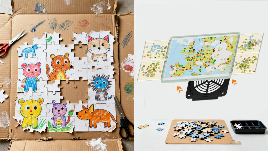 Side-by-side comparison of a DIY puzzle board made from cardboard and a professional store-bought puzzle board