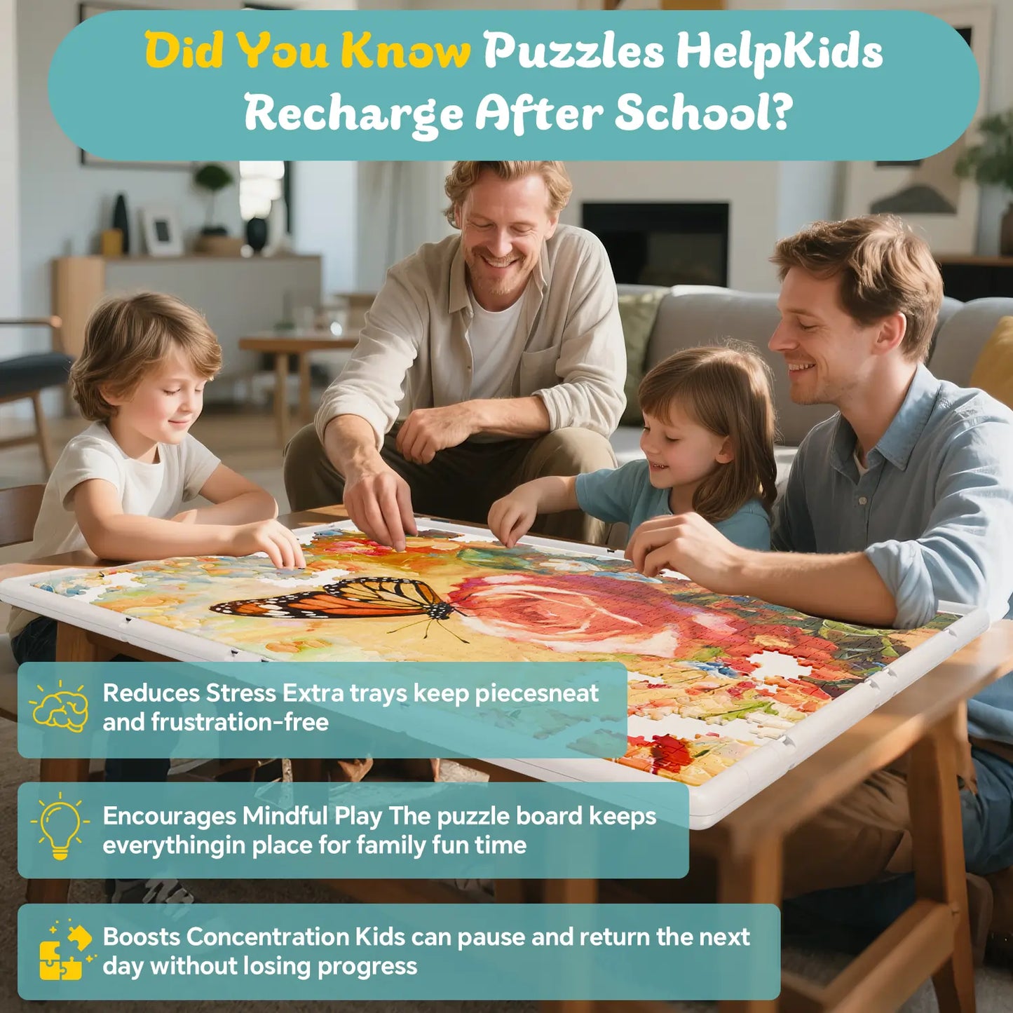 A happy family using the gray 2000 piece puzzle board, showing how it reduces stress and encourages mindful play for kids after school.