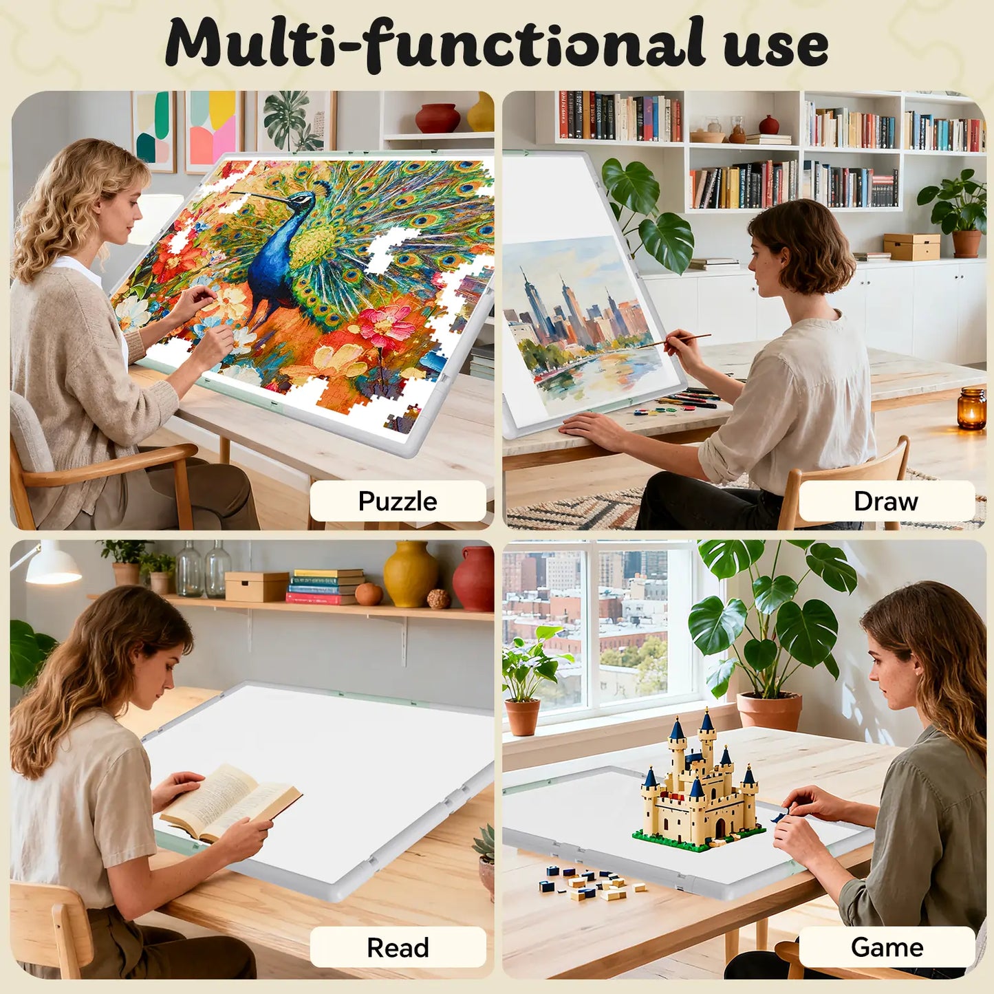 Four examples of the 3-in-1 puzzle board's multi-functional use: for jigsaw puzzles, drawing, reading with the tilt stand, and playing games.