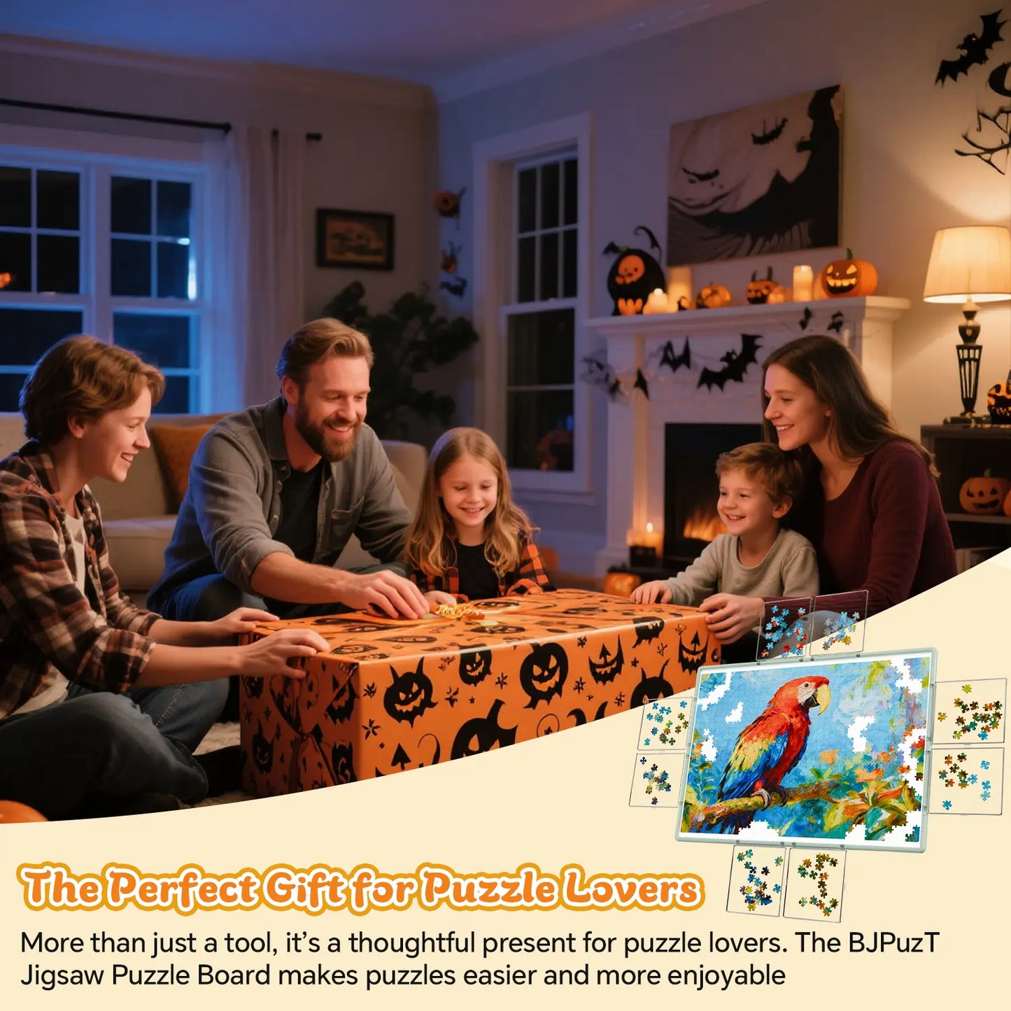 A happy family using the green 2000 piece puzzle board during Halloween, showing it as the perfect gift for puzzle lovers.