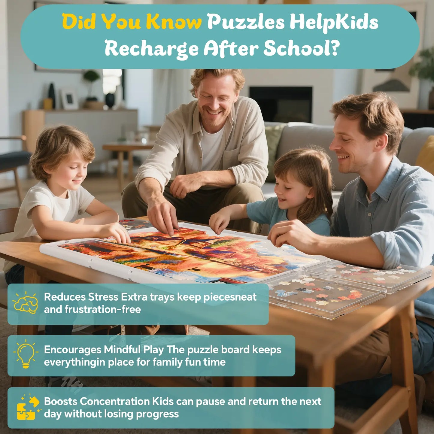A happy family using the gray 1500 piece puzzle board, showing how it reduces stress and encourages mindful play for kids after school.