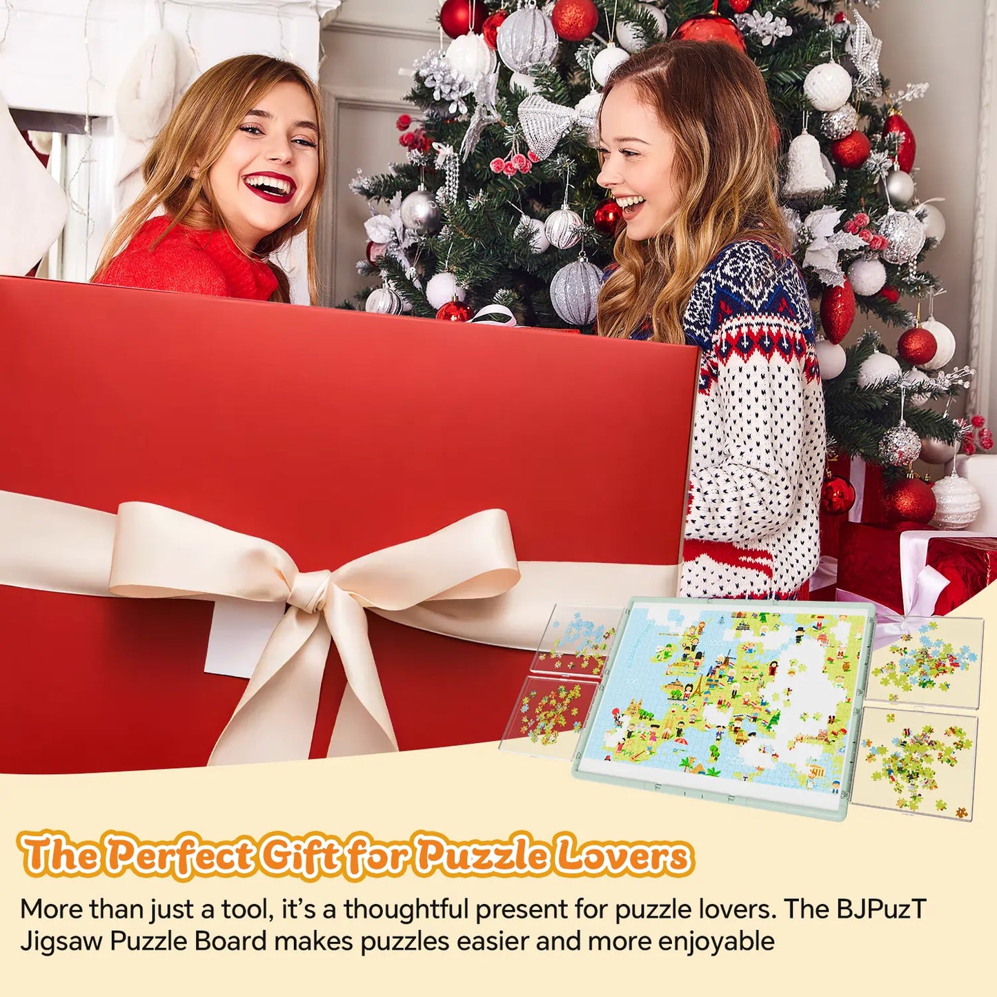 The green 1000 piece puzzle board shown as the perfect gift for puzzle lovers during the holidays, in front of a Christmas tree.