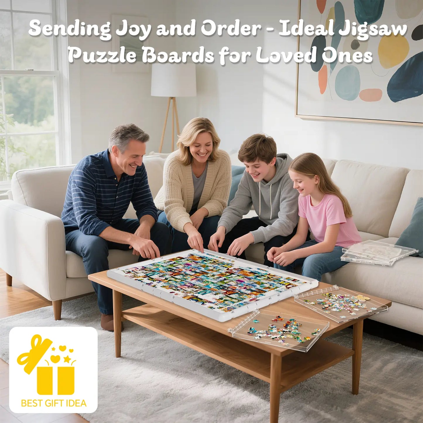 A happy family using the grey 1000 piece puzzle board in their living room, showing it as the perfect gift for puzzle lovers.