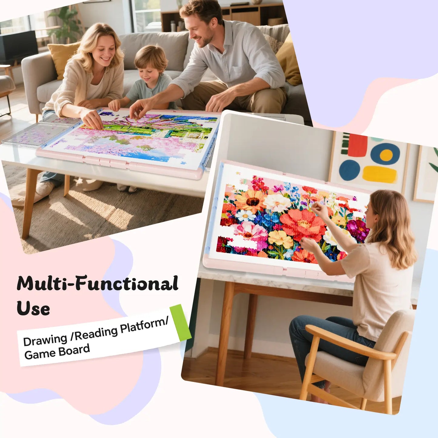 Three examples of the puzzle board's multi-functional use: a family playing a game, a woman using it as a drawing easel, and for family puzzle time.
