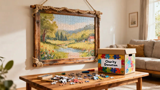 Framed finished puzzle displayed as wall art with a donation box for puzzles on a coffee table, showing creative ideas for what to do with completed puzzles.