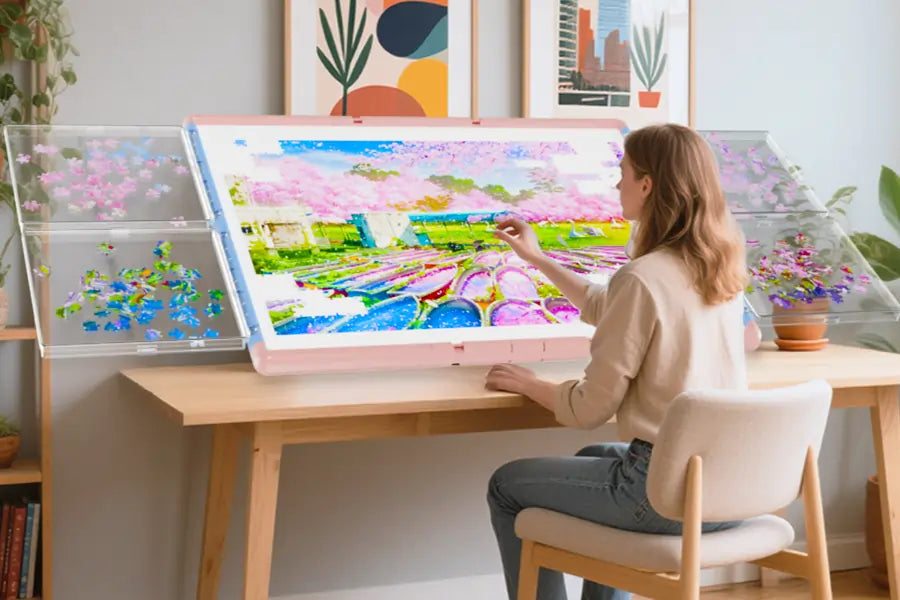 Woman using an ergonomic puzzle board spinner with sorting trays to protect neck and back while puzzling