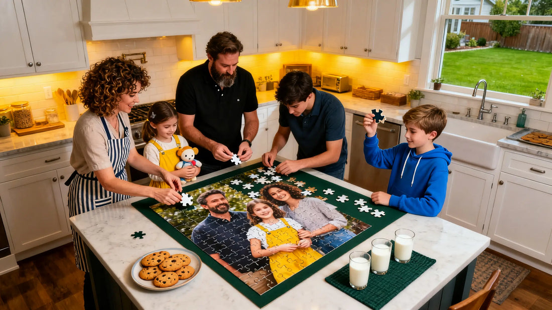 Family working together on a custom puzzle made from a photo.