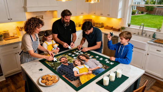 Family working together on a custom puzzle made from a photo.