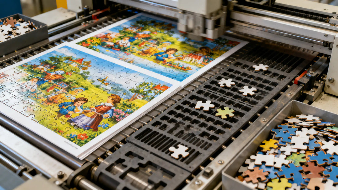 Puzzle manufacturing process showing how puzzles are made with cutting machine