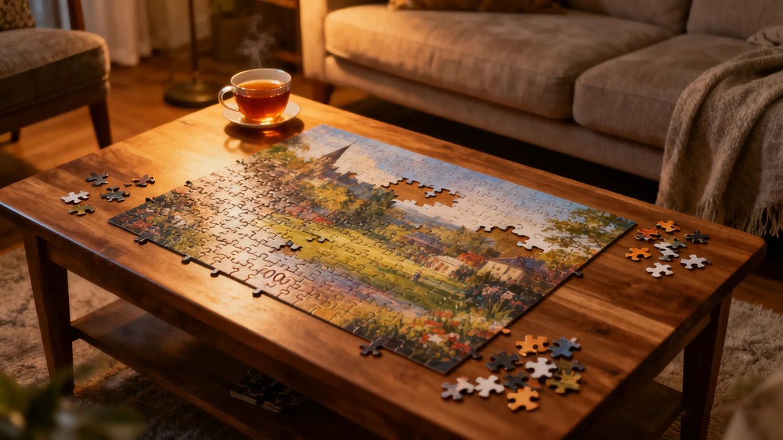Cozy living room with a 1,000 piece puzzle on table showing how big a 1,000 piece puzzle is