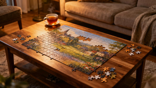 Cozy living room with a 1,000 piece puzzle on table showing how big a 1,000 piece puzzle is