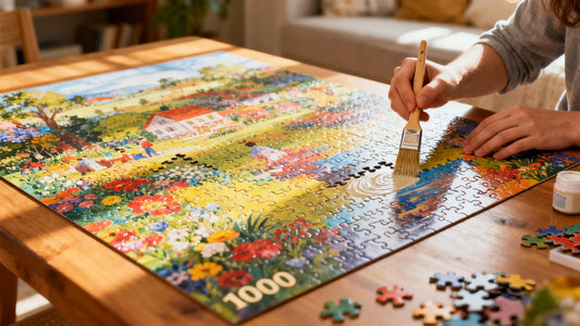 A complete 1000 piece colorful jigsaw puzzle lying flat on a wooden table with a hand holding a brush applying puzzle glue