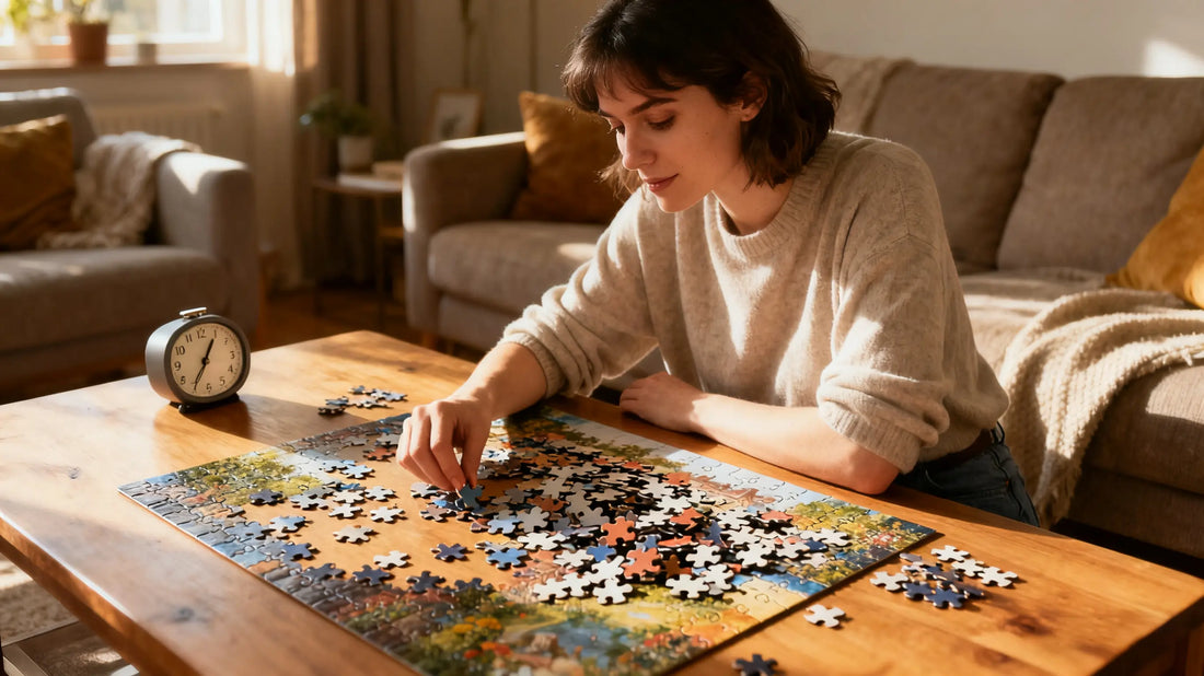 Woman timing herself while completing a 1,000 piece puzzle showing how long it takes