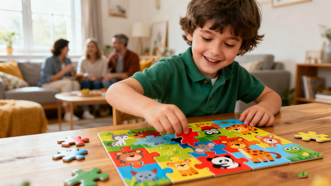 A happy 5-year-old boy playing with a colorful 50-piece animal jigsaw puzzle at home, showing the right puzzle size for young children
