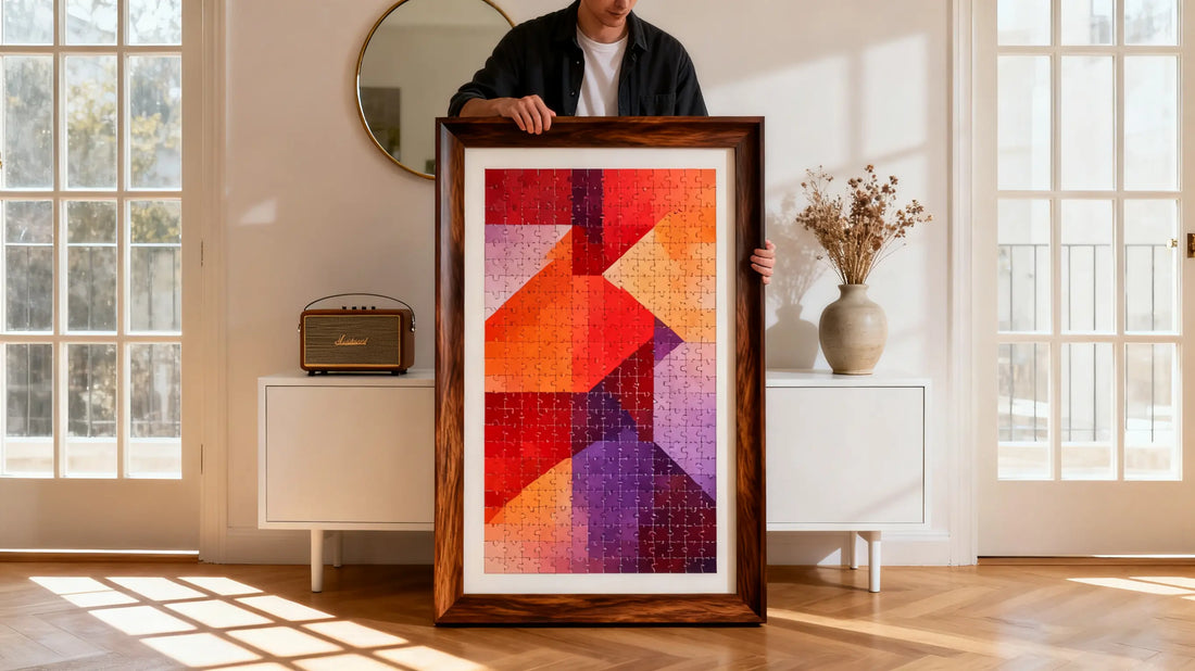 A person framing a colorful jigsaw puzzle without glue using a wooden frame on a table