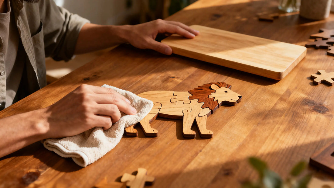 A person keeping a wooden jigsaw puzzle together by pressing it gently on a wooden board at home