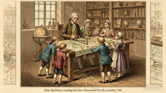 John Spilsbury creating the first dissected puzzle in London 1766, origin of jigsaw puzzles