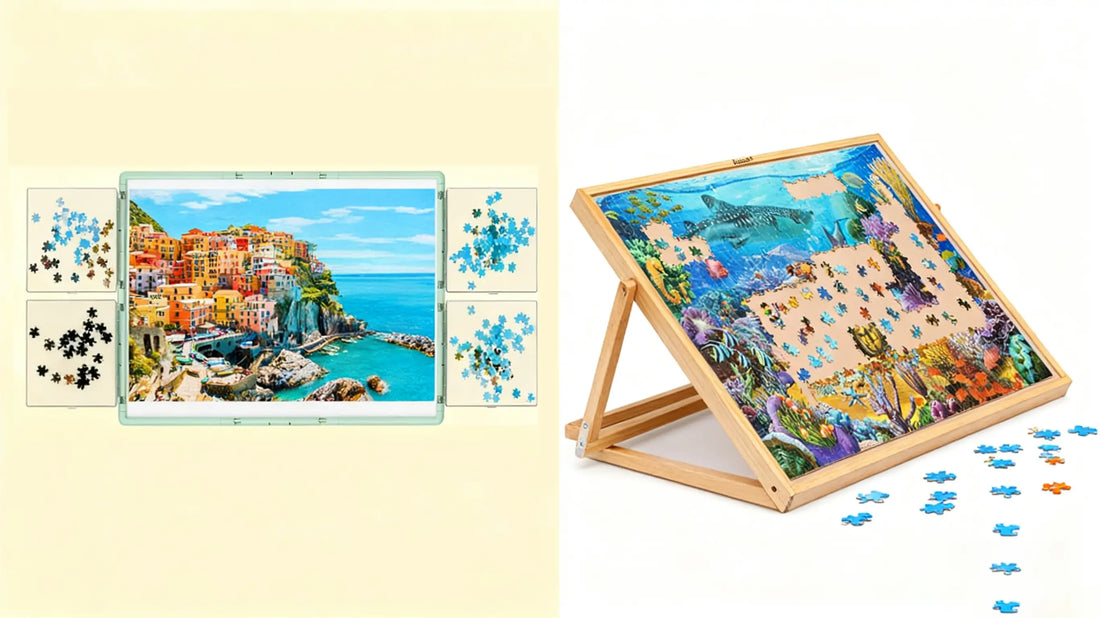 A visual comparison of plastic and wooden puzzle boards