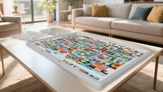 What is a puzzle board: Jigsaw puzzle board display with sorting tray and puzzle pieces