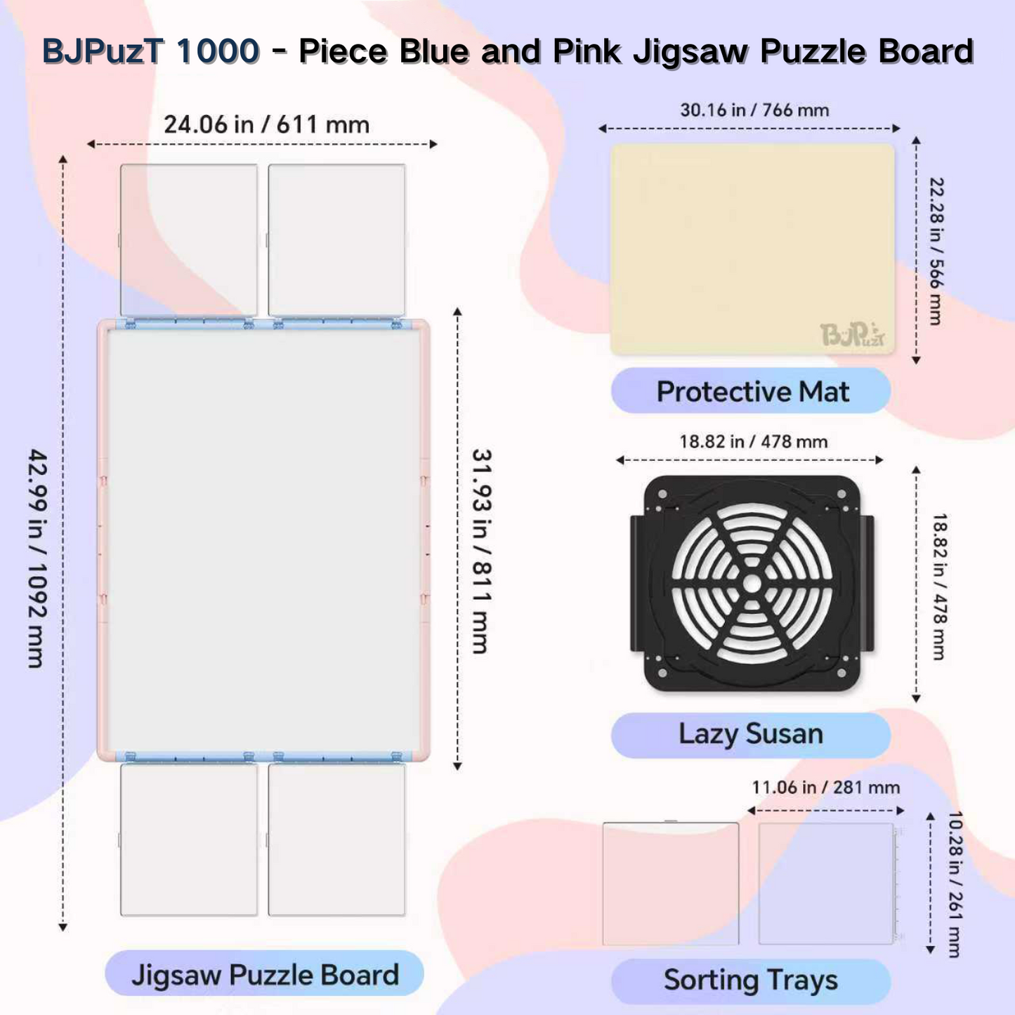 Blue and Pink 1000 Piece 3-in-1 Puzzle Board