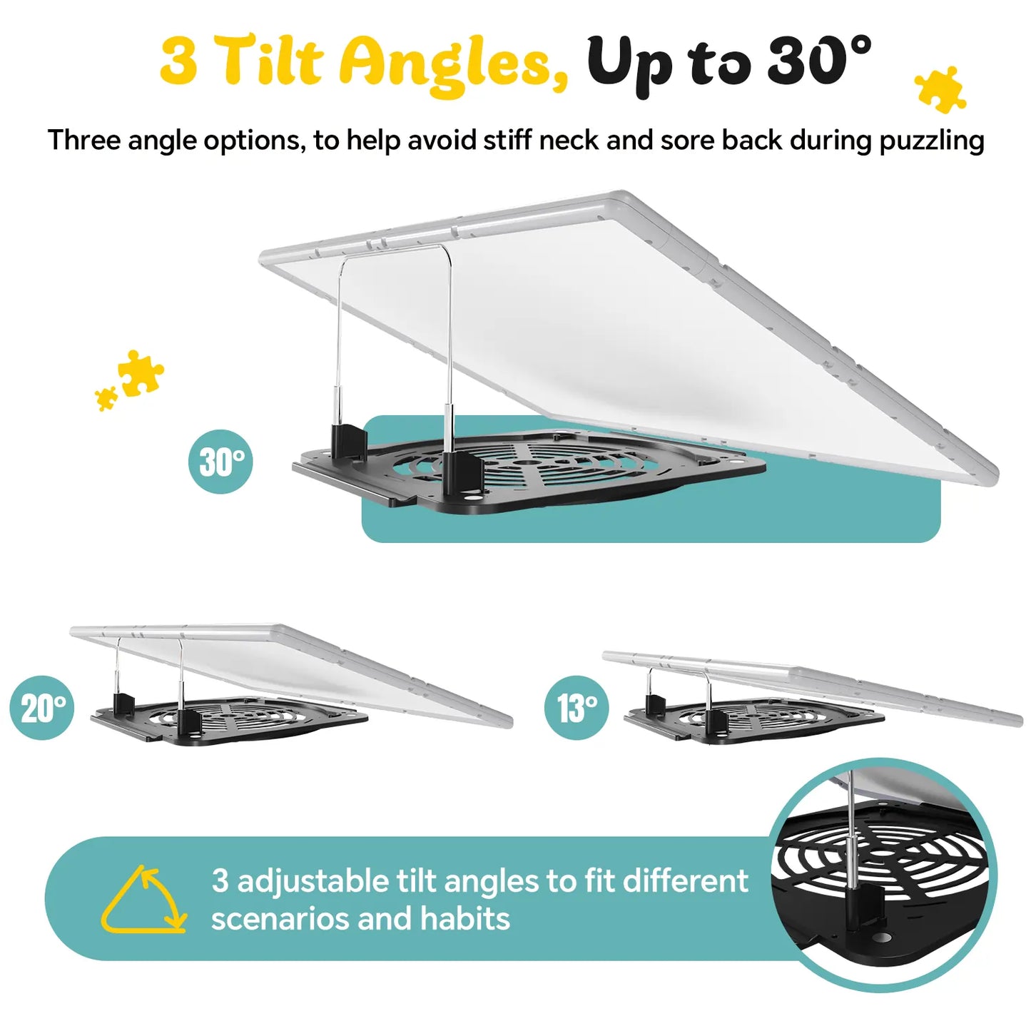 The gray puzzle board demonstrating its 3-level adjustable tilt feature at 13, 20, and 30 degrees for ergonomic comfort while puzzling.
