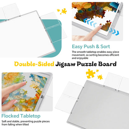 A comparison of the double-sided puzzle board surface: a non-slip flocked tabletop to grip pieces and a smooth tabletop for easy piece movement.