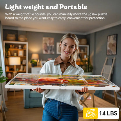 A smiling woman easily carrying the lightweight and portable gray puzzle board, demonstrating its convenience for moving and storage.