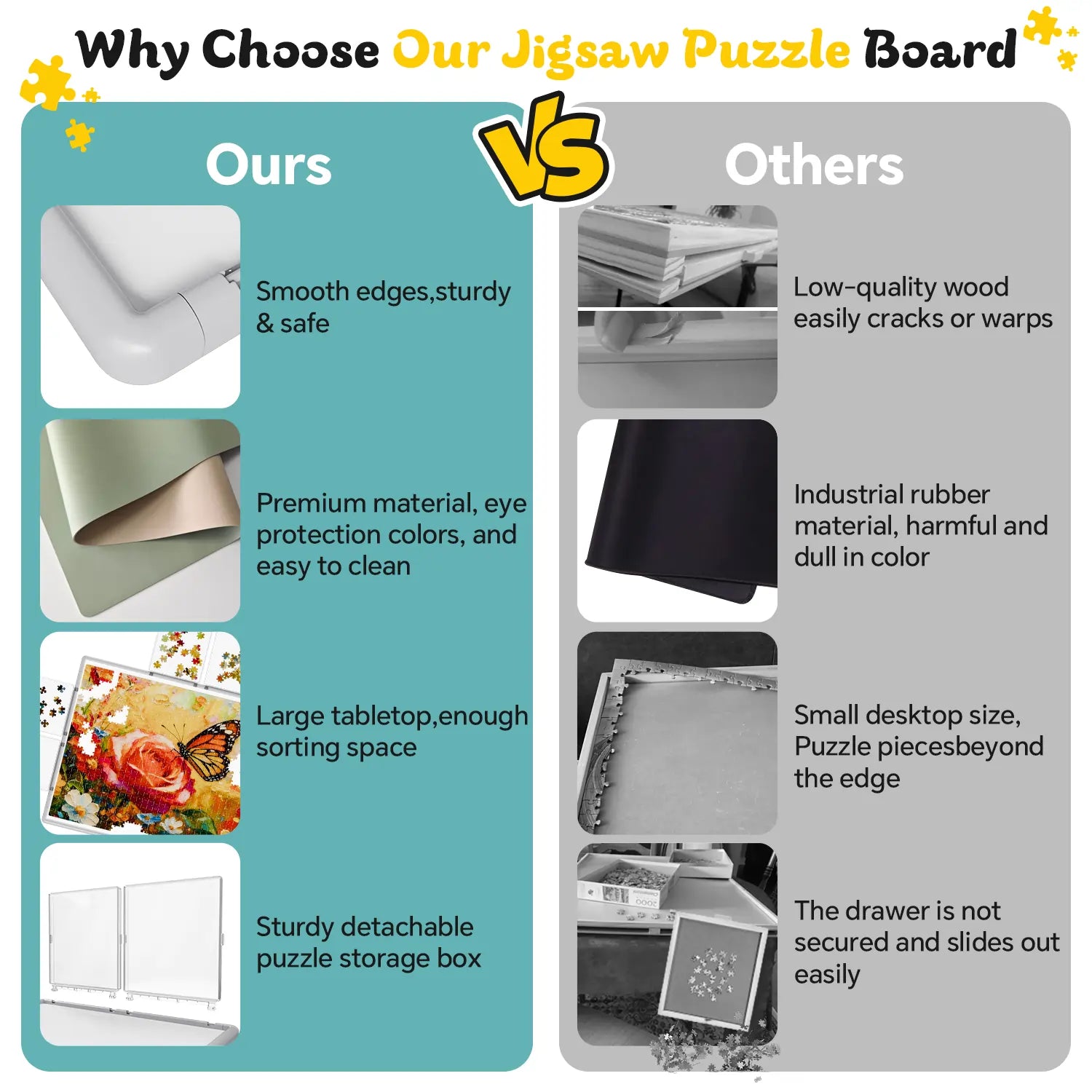 A comparison chart highlighting the benefits of our puzzle board, such as durable, eco-friendly materials and smooth edges, versus other brands.