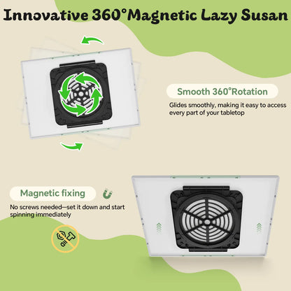 Illustration of the 360-degree rotating design, highlighting the innovative magnetic lazy susan base that allows for smooth, installation-free spinning.