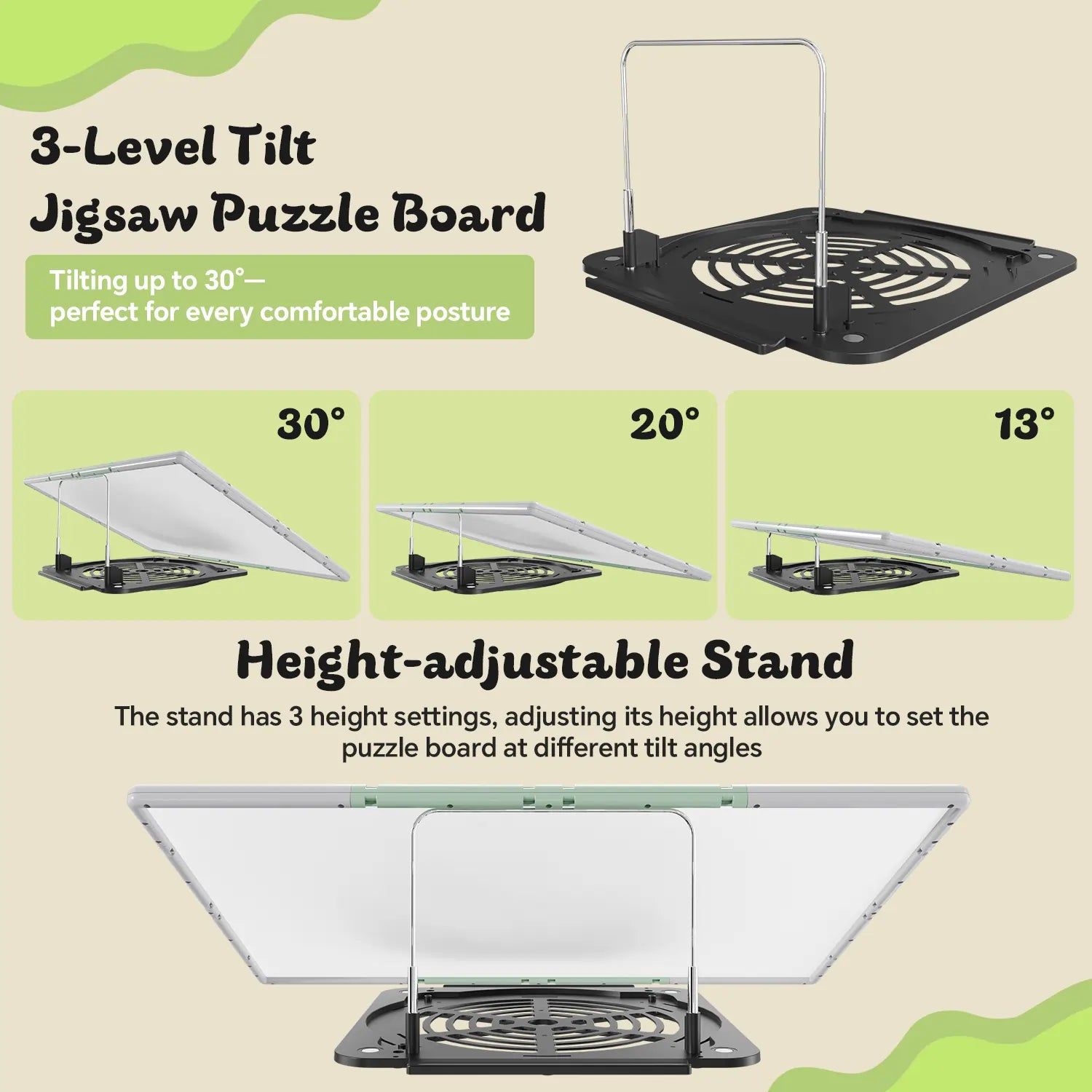 The gray and green puzzle board demonstrating its 3-level adjustable tilt feature at 13, 20, and 30 degrees for ergonomic comfort while puzzling.