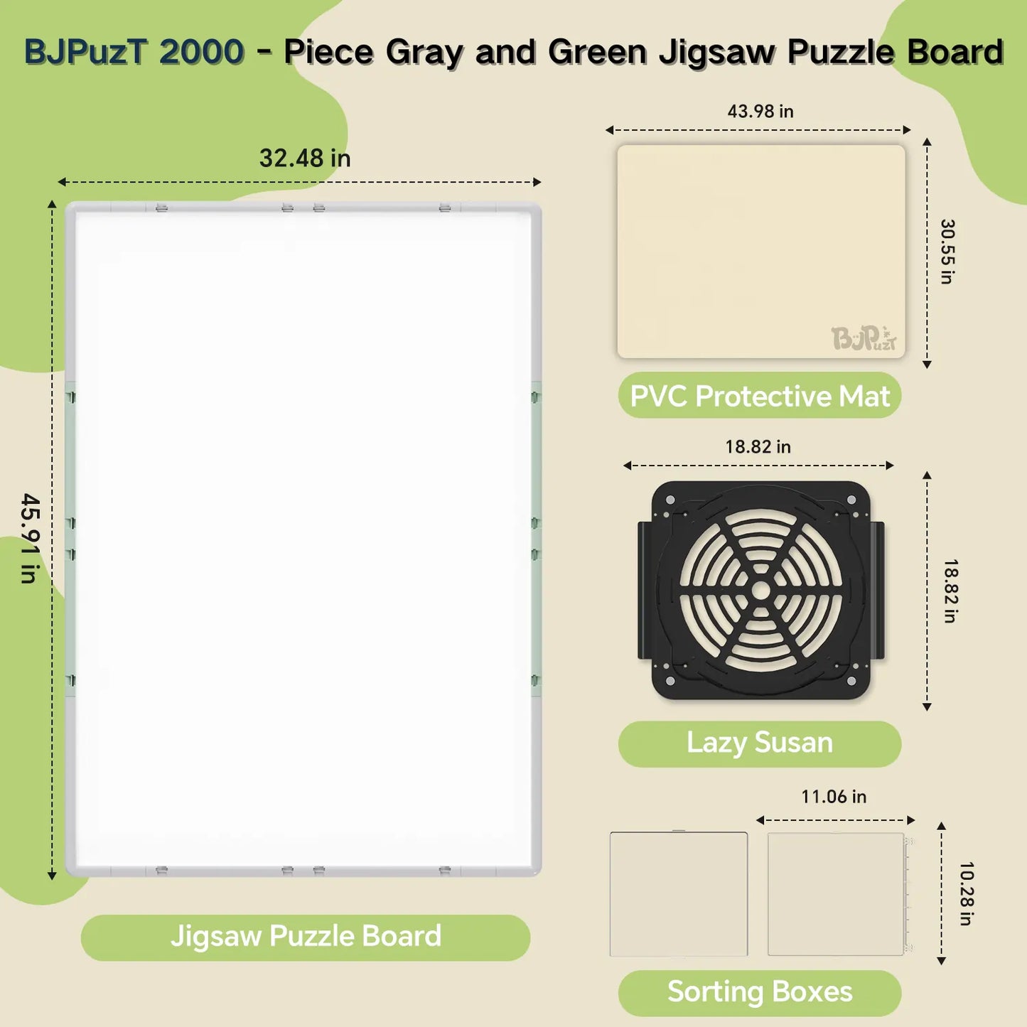 Diagram showing the dimensions of the gray and green 2000 piece jigsaw puzzle board, the revolving lazy susan base, sorting boxes, and PVC protective mat.