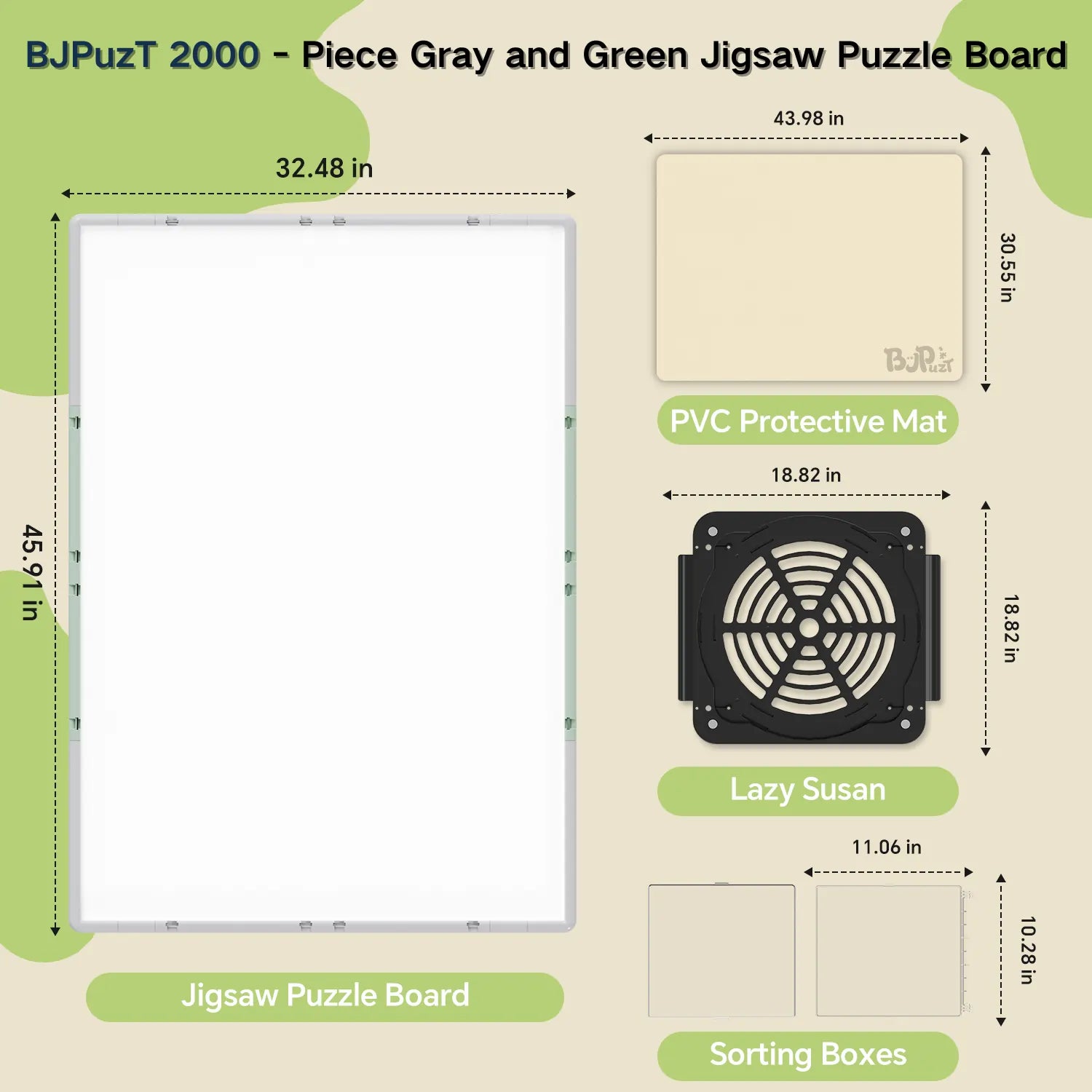 Diagram showing the dimensions of the gray and green 2000 piece jigsaw puzzle board, the revolving lazy susan base, sorting boxes, and PVC protective mat.