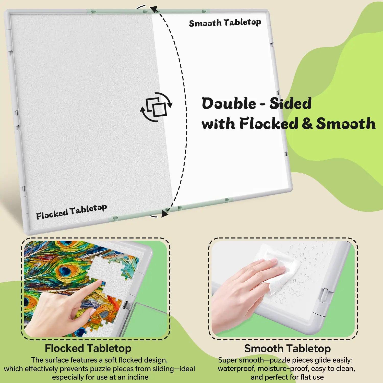 A comparison of the double-sided puzzle board surface: a non-slip flocked tabletop to grip pieces and a smooth, easy-to-clean waterproof side.