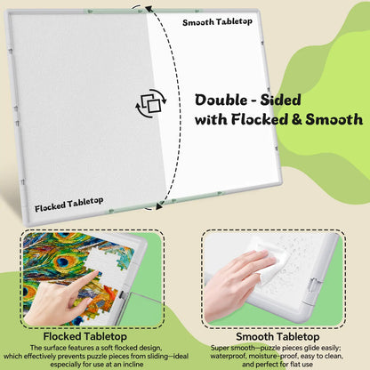 A comparison of the double-sided puzzle board surface: a non-slip flocked tabletop to grip pieces and a smooth, easy-to-clean waterproof side.