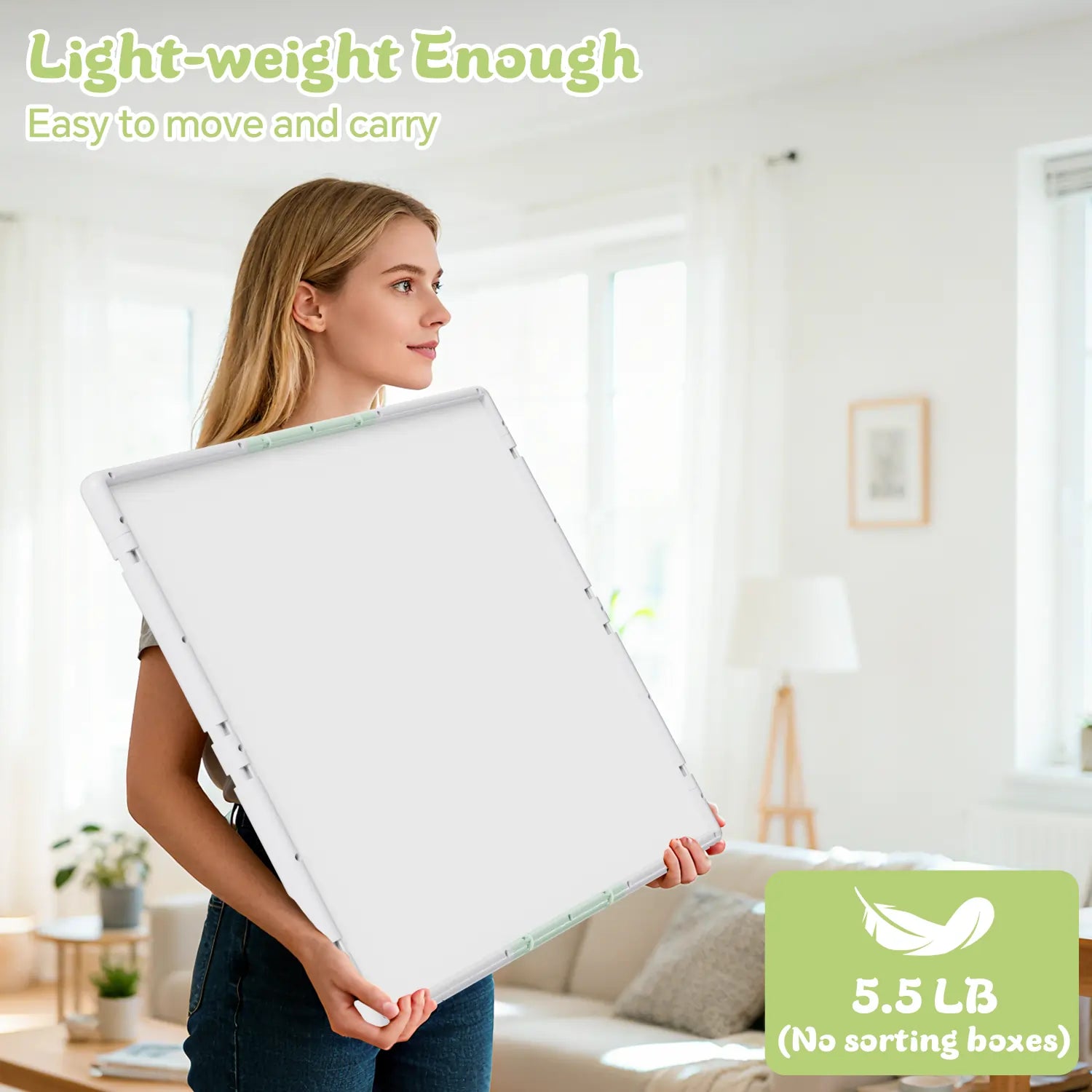 A woman easily carrying the lightweight 5.5 lb puzzle board, demonstrating its portability for moving and storage.