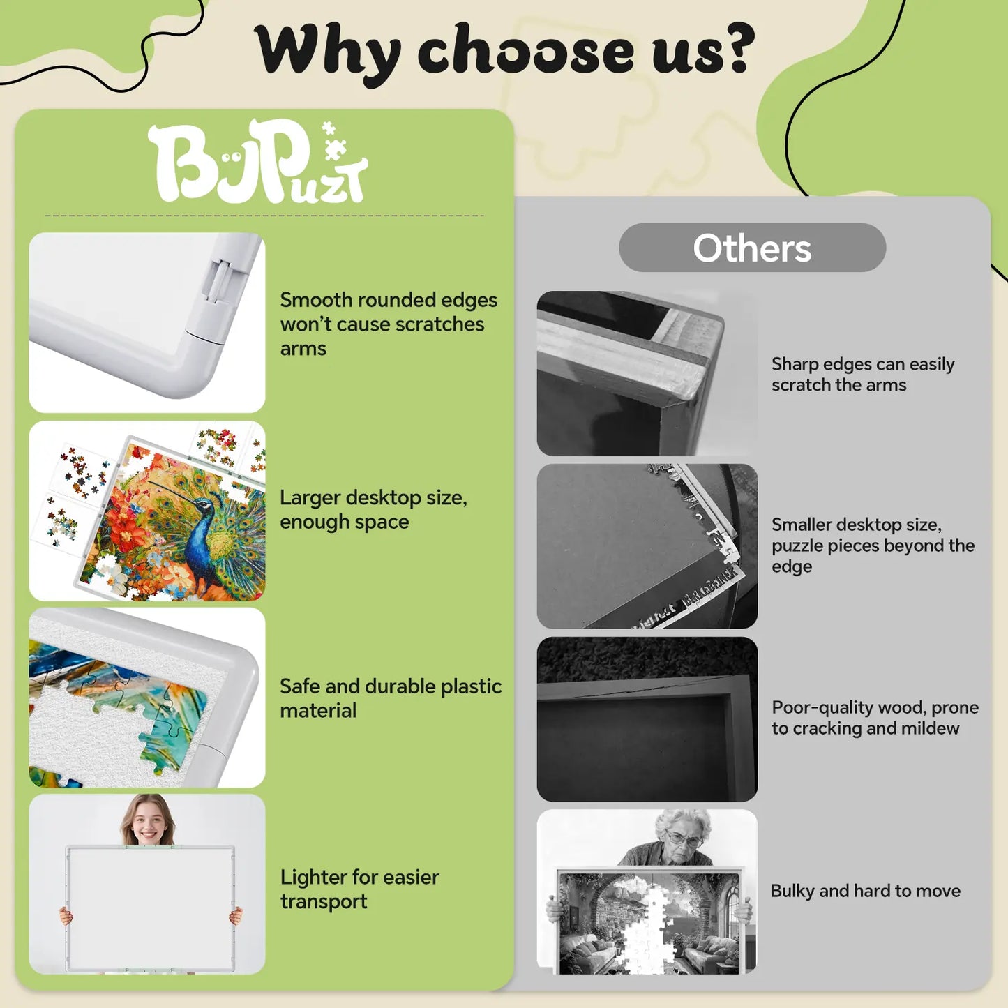A comparison chart highlighting the benefits of our puzzle board, such as durable, safe plastic materials and smooth edges, versus other brands.