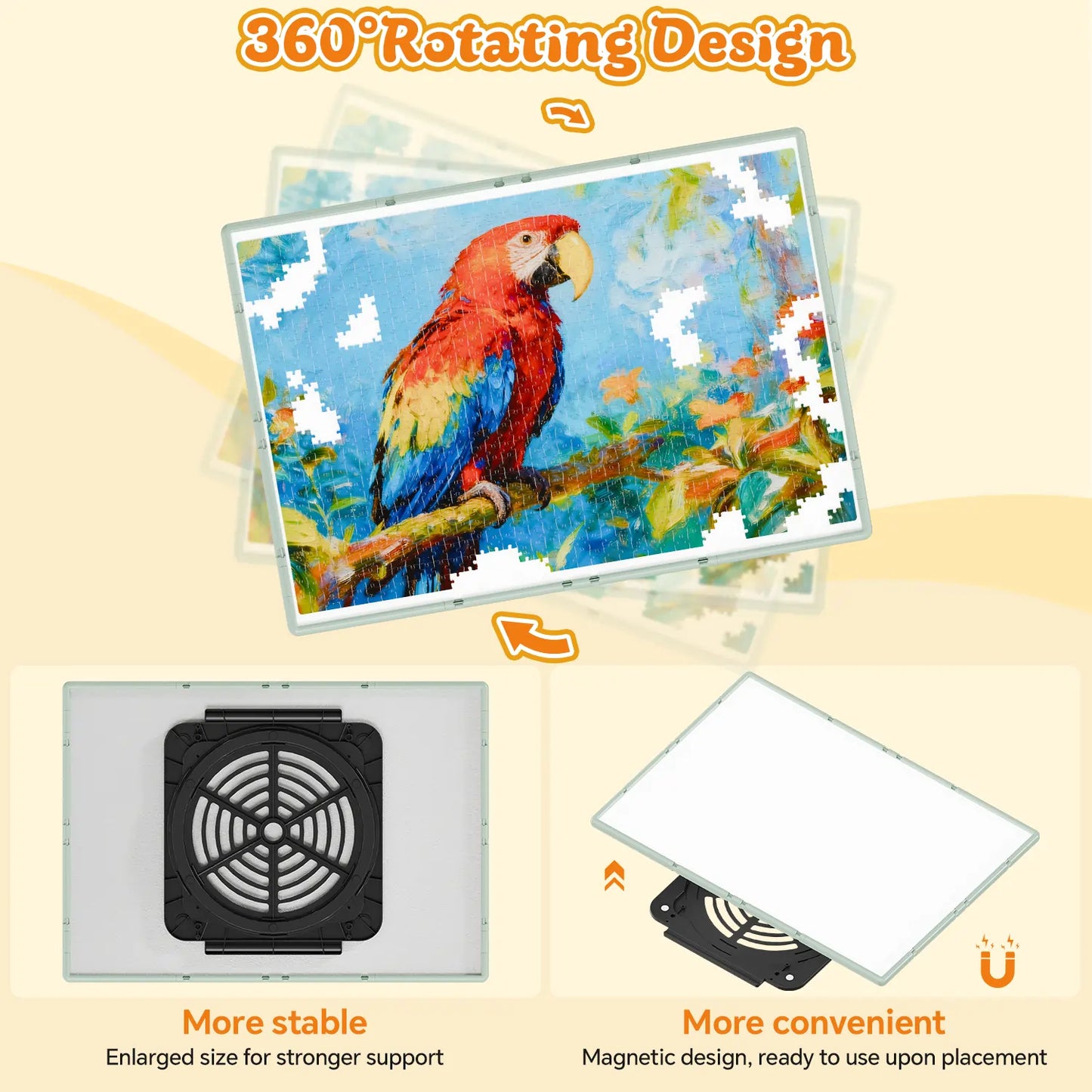Illustration of the 360-degree rotating design of the puzzle board, highlighting the large and stable magnetic lazy susan base for easy spinning.