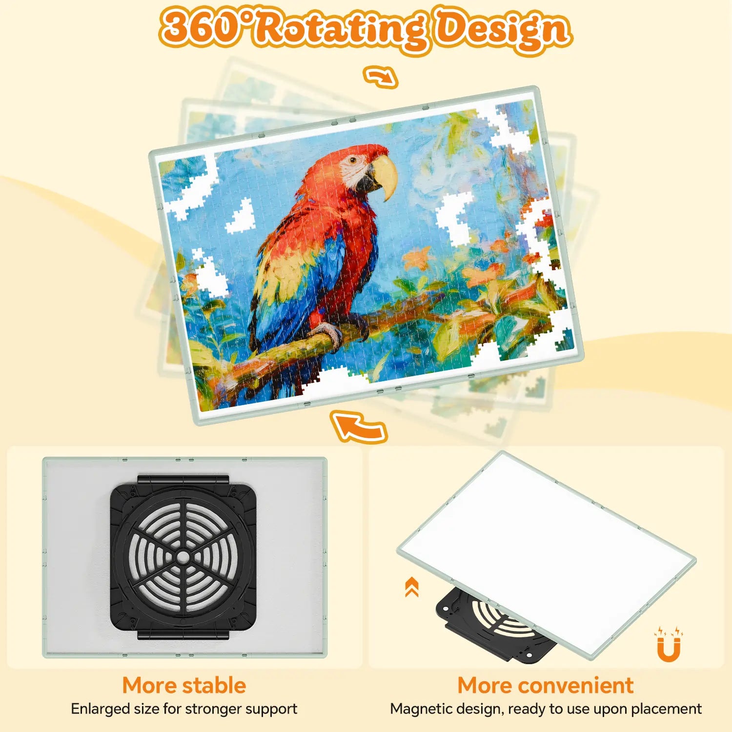 Illustration of the 360-degree rotating design of the puzzle board, highlighting the large and stable magnetic lazy susan base for easy spinning.