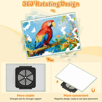 Illustration of the 360-degree rotating design of the puzzle board, highlighting the large and stable magnetic lazy susan base for easy spinning.