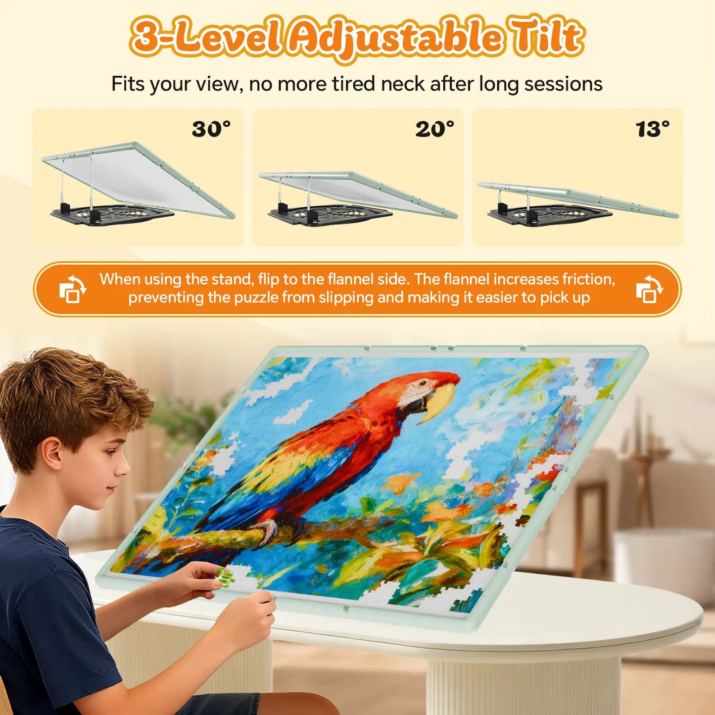 A boy using the green puzzle board with its 3-level adjustable tilt feature at 13, 20, and 30 degrees for ergonomic comfort while puzzling.