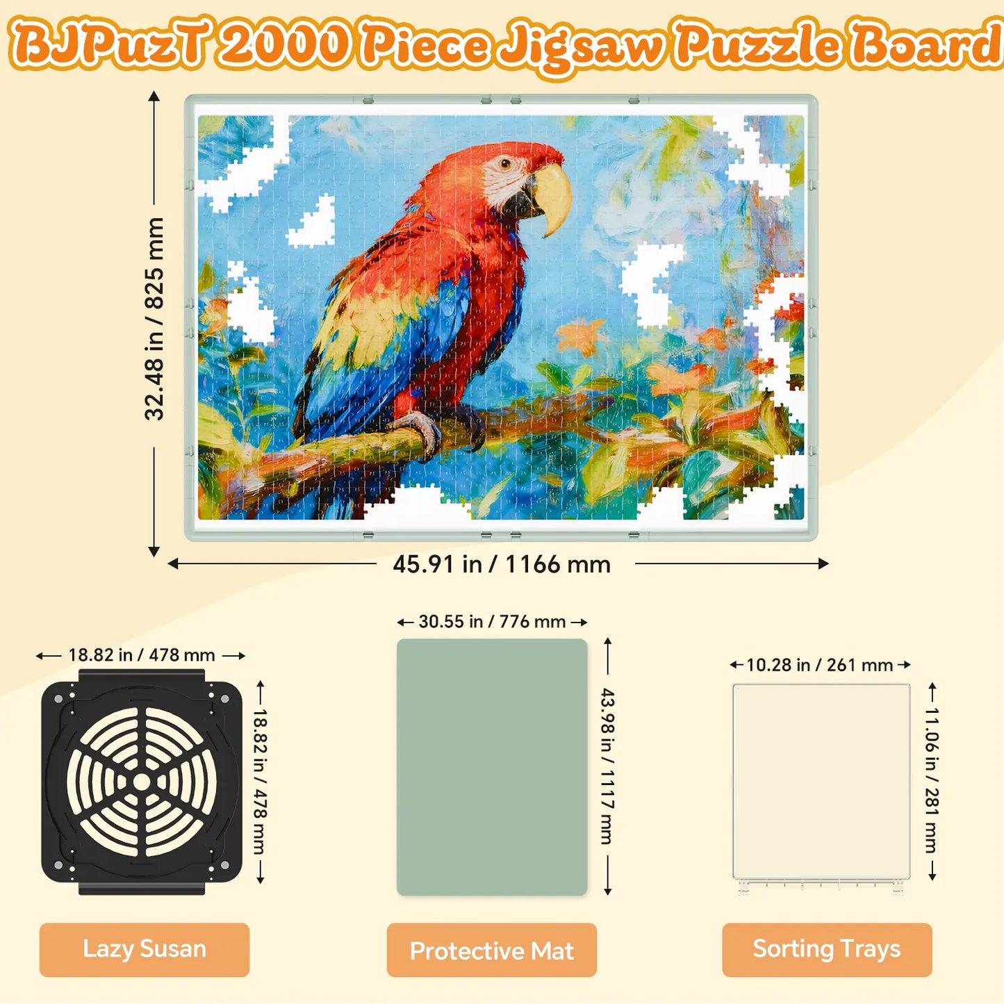 Diagram showing the dimensions of the green 2000 piece jigsaw puzzle board, the revolving lazy susan base, sorting trays, and protective mat.