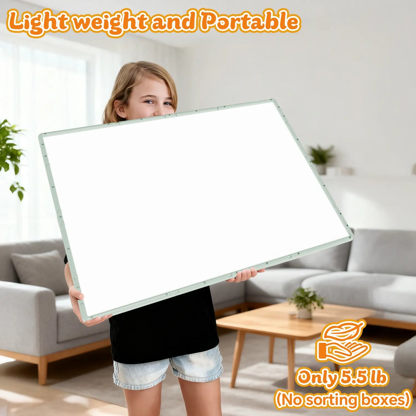 A smiling girl easily carrying the lightweight 5.5 lb puzzle board, demonstrating its portability for moving and storage.