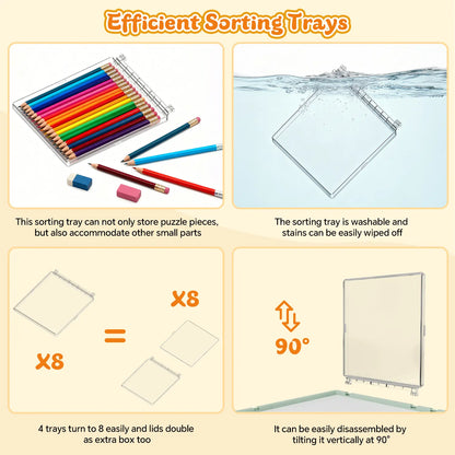 Close-up of the eight efficient, washable, and transparent sorting trays, showing how the lids can be used as extra storage and the trays easily removed.