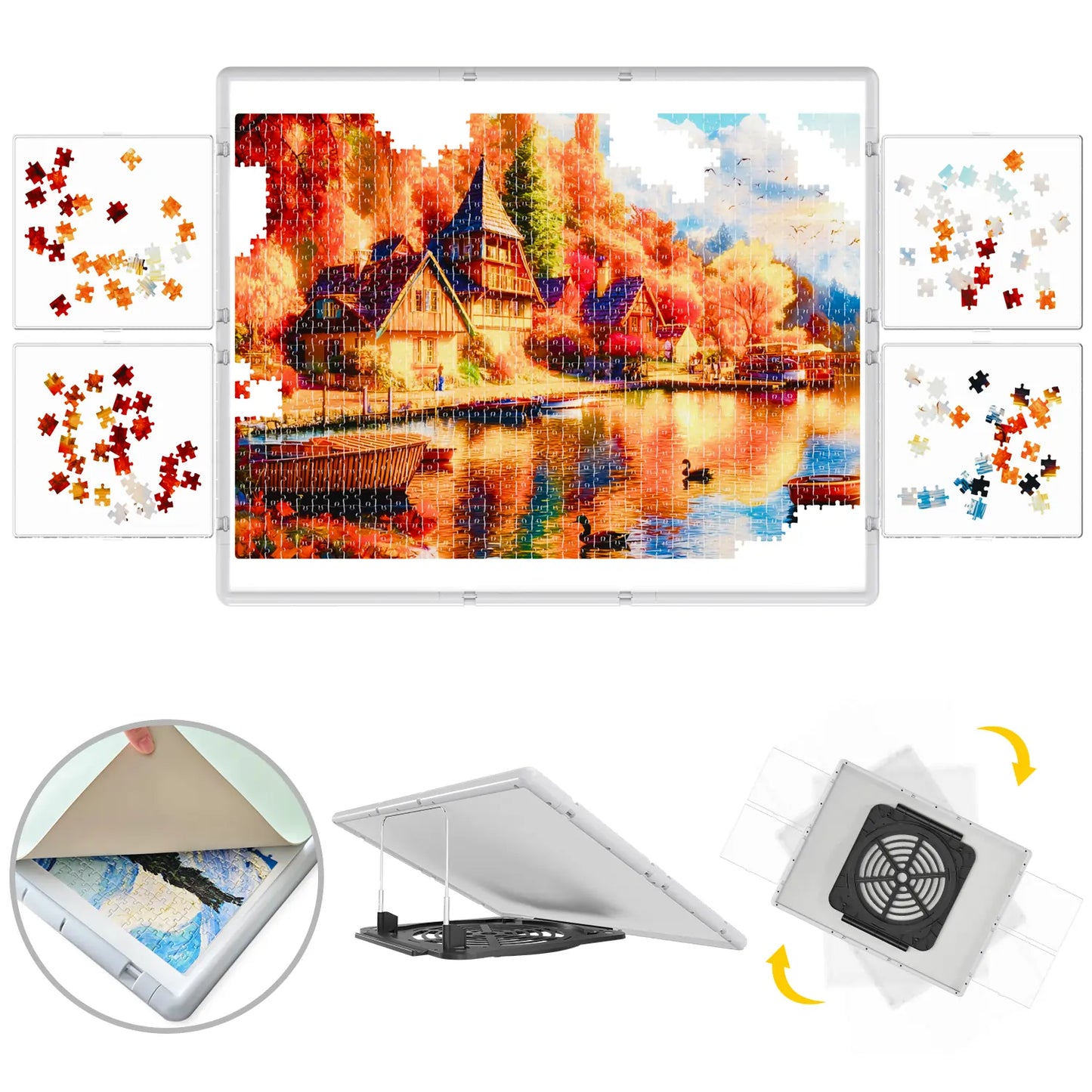 Bjpuzt 1500 piece revolving puzzle board in gray, shown with its four transparent sorting trays, 360-degree rotation, and adjustable tilt stand.