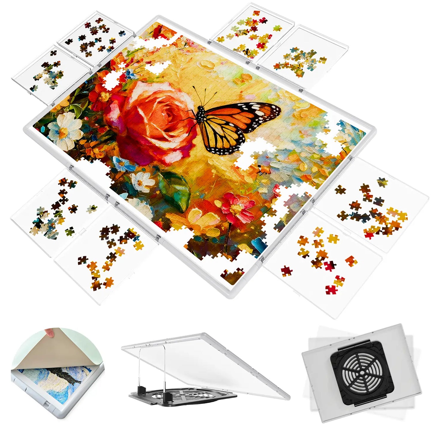 Bjpuzt 3-in-1 2000 piece puzzle board in gray, shown with eight sorting boxes, 360-degree rotation, and an adjustable tilt stand.