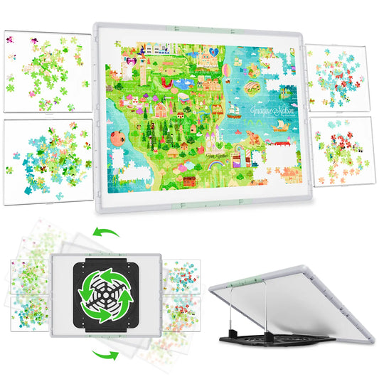 Bjpuzt 1000 piece revolving puzzle board in gray and green, shown with four sorting trays, 360-degree rotation, and an adjustable tilt stand.