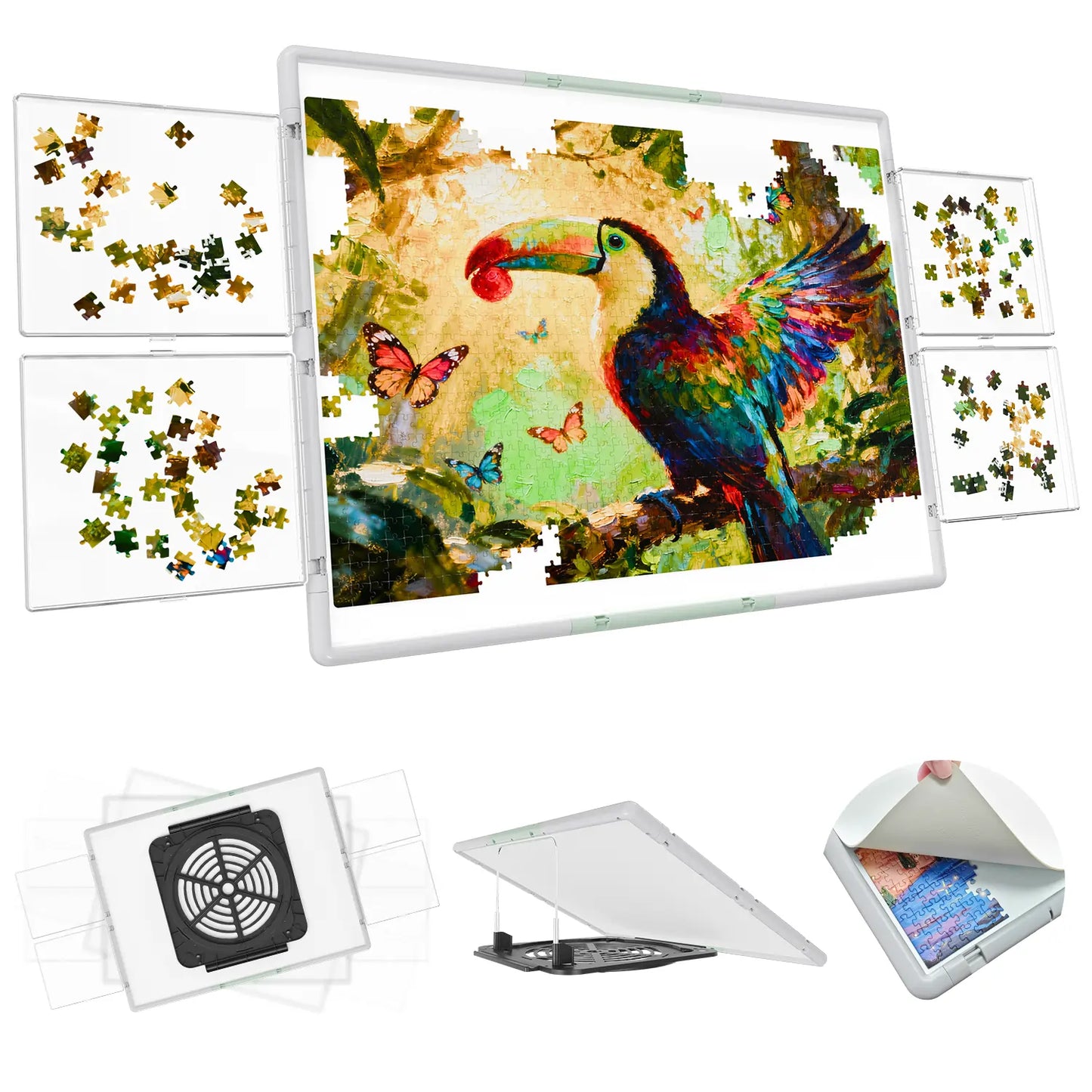 Bjpuzt 1500 piece revolving puzzle board in gray and green, shown with its four transparent sorting trays, 360-degree rotation, and adjustable tilt stand.