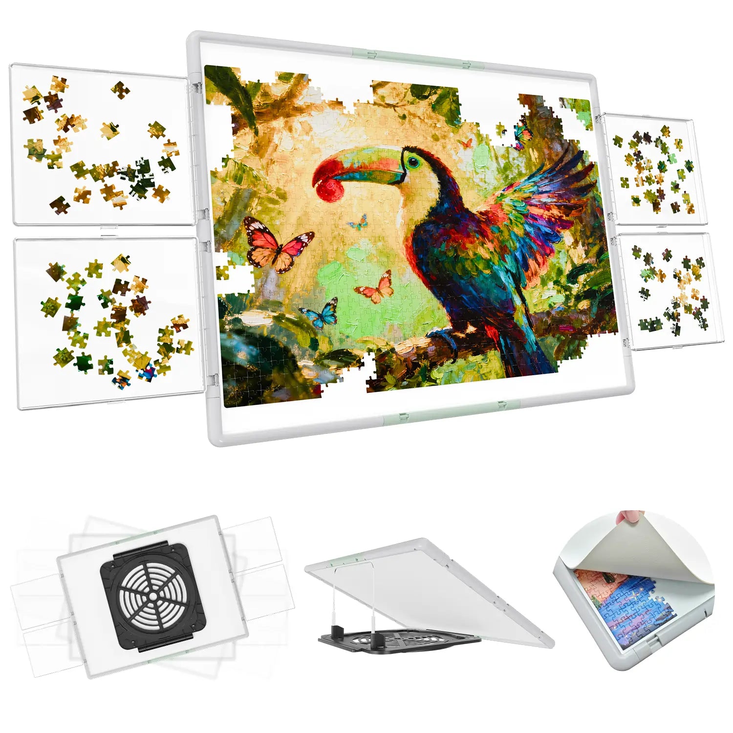 Bjpuzt 1500 piece revolving puzzle board in gray and green, shown with its four transparent sorting trays, 360-degree rotation, and adjustable tilt stand.