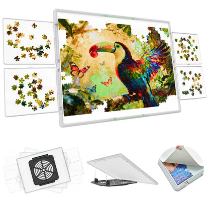 Bjpuzt 1500 piece revolving puzzle board in gray and green, shown with its four transparent sorting trays, 360-degree rotation, and adjustable tilt stand.